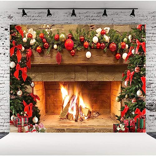 Lofaris Christmas Fireplace Backdrop Winter Xmas Tree Colorful Festive Decorations Brick Backgrounds Interior Vintage Merry Christmas Eve Party Banner Decorations 10x7ft - size: 10x7ft