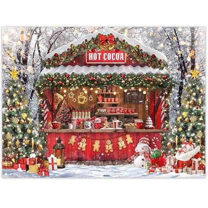 Fabric 8x6ft Christmas Hot Cocoa Bar Photography Backdrop Candy Shop Winter Snowman Scene Xmas Tree Chocolate Background Kids Family Party Decorations Photo Props - size: 8'x6'