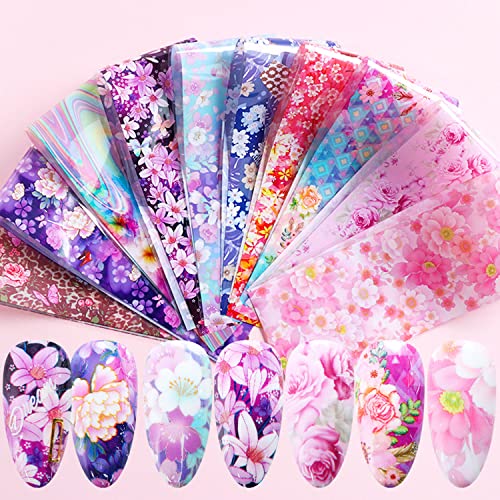 Flowers Nail Art Stickers - Colorful Foil Transfers Decals Holographic Rose Floral Starry Sky Design for Nails Supplies Women Manicure Tips Set Decorations 10 Sheets - style: Flower