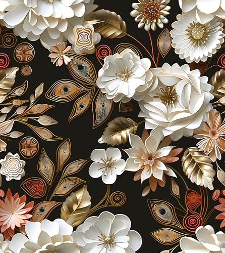 White Gold Floral Wallpaper Peel and Stick Dark Flower Contact Paper 17.5in x 393in Vintage Wallpaper Vinyl Waterproof Self Adhesive Boho Leaf Botanical Wall Paper for Bedroom Cabinet Table Decoration - color: White/Gold, size: 17.5" x 393"