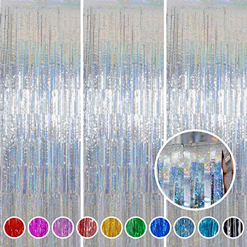 Foil Fringe Curtain New Years Eve Party Supplies 2026 - Melsan 3 Pack 3.2 x 8.2 ft Silver Tinsel Curtain Photo Backdrop for Birthday Party or Disco Party Decorations - color: Silver