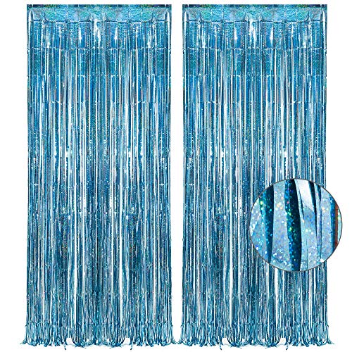 Blue Tinsel Curtain Party Backdrop - GREATRIL Foil Curtain Party Photo Streamers Backdrop for Frozen/Mermaid/Under Sea/Baby Party Decorations - Pack of 2 - color: Blue