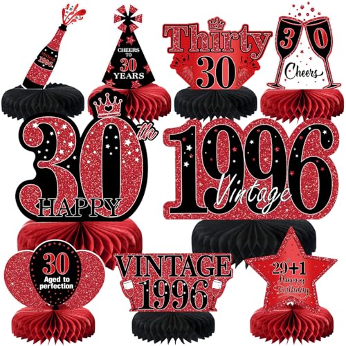 9Pcs 30th Birthday Decorations Red and Black 30th Birthday Party Decorations for Women,Happy 30 Years Vintage 1996 Aged Honeycomb Centerpieces Table Sign Decor Supplies - color: Red Black 30th
