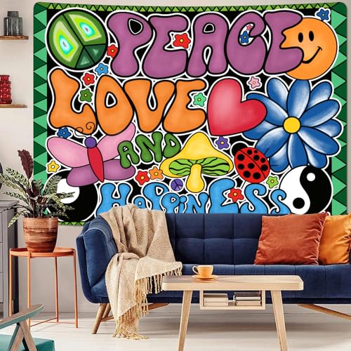F-FUN SOUL Peace Love and Happiness Tapestry Groovy Tapestries, 40x30inches, 70s Theme Tapestries Hippie Aesthetic Tapestry Wall Hanging for Bedroom Living Room Decor - size: 40"L x 30"W