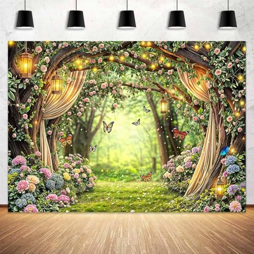 5 x 3 ft Enchanted Forest Backdrop Glitter Fairy Tale Garden Woodland Butterfly Flower Photography Background Spring Baby Shower Birthday Decorations Cake Table Banner Photo Booth Studio Props - color: Multi5, size: 5x3ft