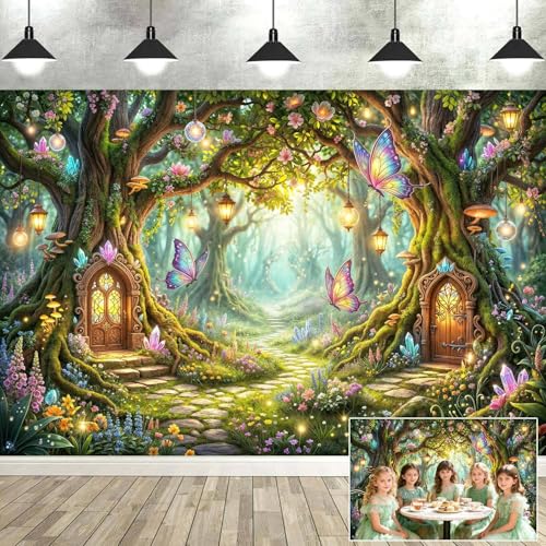 5X3ft Enchanted Forest Backdrop Fairy Tale Magic Green Garden Tree House Wonderland Floral Butterfly Photography Background for Kids Birthday Baby Shower Photo Booth Props - color: Multi11, size: 5x3ft