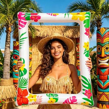 29 PCS Hawaiian Party Photo Booth Props Kit, LMSHOWOWO Inflatable Hawaiian Photo Booth Frame Selfie Frame, Funny Summer Luau Photo Booth Props for Hawaiian Tropical Tiki Summer Pool Party Supplies - color: Colorful Hawaiian