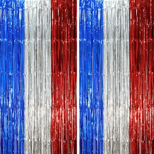 Voircoloria 2 Pack Blue Red Silver Foil Fringe Backdrop Curtains, Tinsel Streamers Party Decorations, Fringe Backdrop, Door Shimmer for Independence Day or Birthday Party - color: 49 Blue Red and Silver