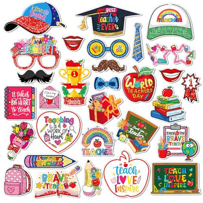 30-Piece Teacher Appreciation Photo Booth Props Set | Glitter Selfie Props with Apple, Pencil & Chalkboard Designs – Perfect for Teachers Day, Appreciation Week & Thank You Parties