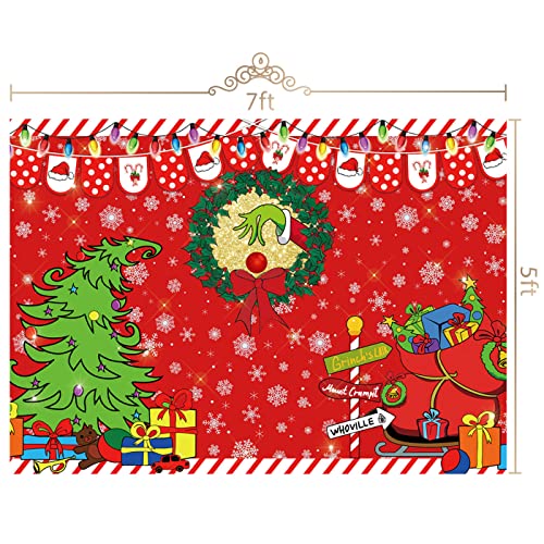 7x5ft Merry Grinchmas Backdrop Red Christmas Backdrop Xmas Tree Snow Winter Signpost Background for Christmas Family Party Photo Studio Prop - size: 7x5ft