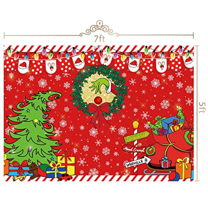7x5ft Merry Grinchmas Backdrop Red Christmas Backdrop Xmas Tree Snow Winter Signpost Background for Christmas Family Party Photo Studio Prop - size: 7x5ft