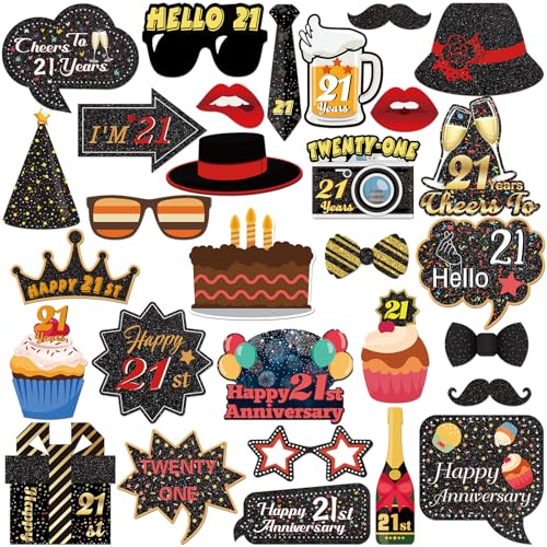 21st Anniversary Photo Booth Props, Happy 21st Birthday Selfie Props 21 Years Old Birthday Party Photography Props Favor Twenty Sign Centerpiece Sticks Decorations 30 PCS