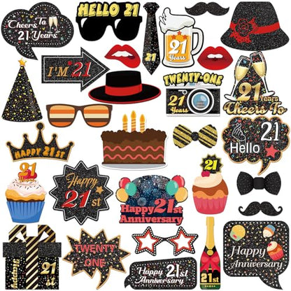 21st Anniversary Photo Booth Props, Happy 21st Birthday Selfie Props 21 Years Old Birthday Party Photography Props Favor Twenty Sign Centerpiece Sticks Decorations 30 PCS