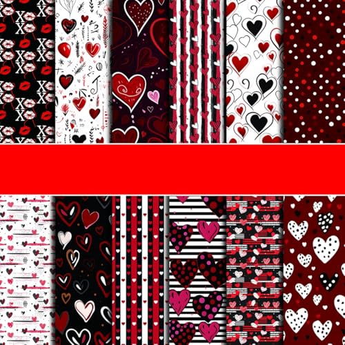 Valentine’s Day Scrapbook Paper 12 x 12 Double Sided Printing Red Black Heart Love Patterned Craft Paper for Card Making Photo Album Wedding Anniversary Party Decorative 24 Sheets - color: Red, Black, White