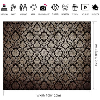 10x8ft European Classic Textured Backdrop Black and Gold Victorian Damask Photography Background Birthday Party Baby Shower Bedroom Decorations Banner Kids Adults Portrait Supplies - size: 10x8ft