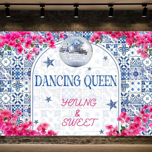 5X5ft Disco Cowgirl Birthday Backdrop Dancing Queen Young Photography Background for Girls Dance Theme Birthday Party Backdrops Blue Pink Rose Floral Party Decorations Photo Booth Props - color: Blue, size: 5X5FT