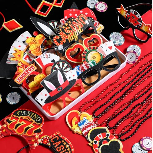 36 Pcs Casino Night Party Favors Casino Theme Felt Headband Eyeglasses Beaded Necklaces Dice Dollar Sign Poker Party Decorations Accessories for Las Vegas Game Night Decor Photo Prop Supplies - style: Casino