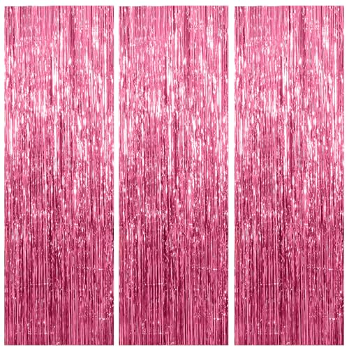 3 Pack Pink Backdrop Birthday Party Decorations Tinsel Foil Fringe Curtains Backdrop Streamer Bachelorette Christmas Graduation Wedding Princess Pink Theme Party Decorations - color: Pink