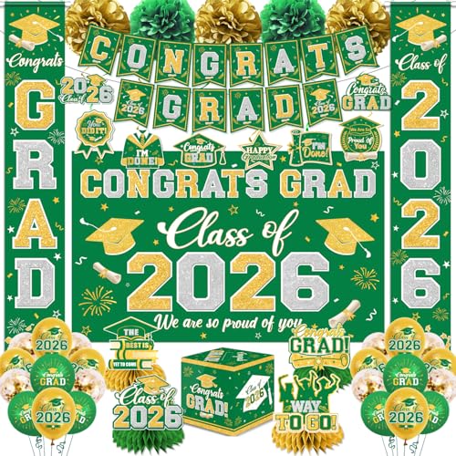 Graduation Decorations Class of 2026 Green and Gold Graduation Decorations with Congrats Grad Banner,Backdrop,Porch Sign,Balloons,Hanging Swirls,Honeycomb Centerpieces,Box for Graduation Party Decor - color: Green