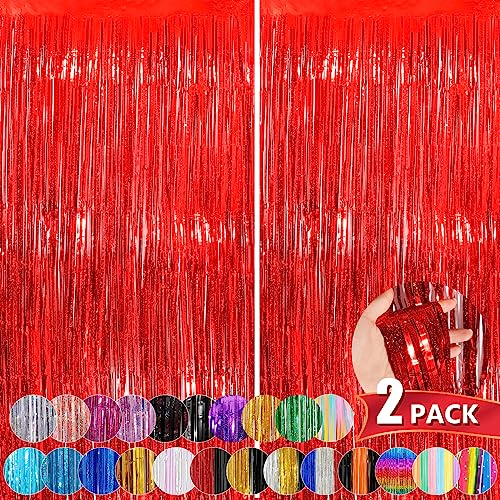 Red Metallic Tinsel Foil Fringe Curtains, 2 Pack 3.3x8.3 Feet Party Streamer for Birthday Party Decorations, Valentines Day Decorations, Foil Curtain for Wedding - color: Red, size: 2 Pack