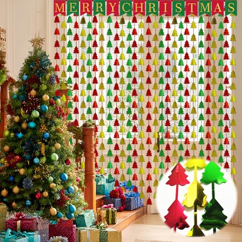 OQOQ Christmas Party Decorations, 2 Pcs 3.3x6.6 ft Red Green Gold Christmas Tree Tinsel Foil Fringe Curtains Backdrops & 1 Pcs Xmas Banner Large Photo Booth Props Indoor Party Wall Door Room Decor - color: Red Green Gold