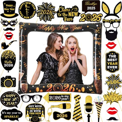 32PCS Funny New Year Photo Booth Props, Inflatable New Year Photo Booth Frame, Happy New Year Selfie Frame for New Year Party Supplies - color: Black New Year