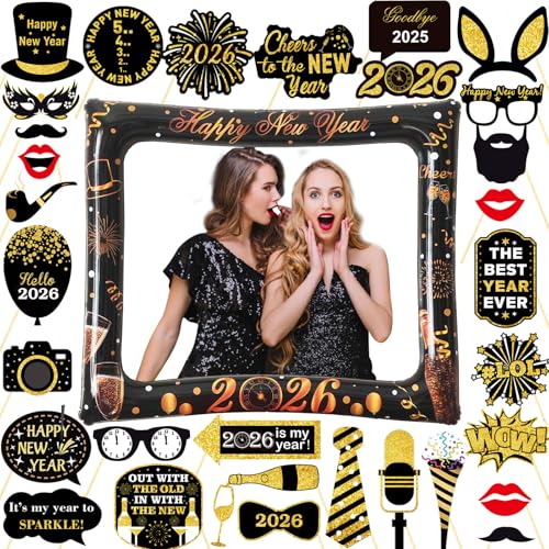 32PCS Funny New Year Photo Booth Props, Inflatable New Year Photo Booth Frame, Happy New Year Selfie Frame for New Year Party Supplies - color: Black New Year