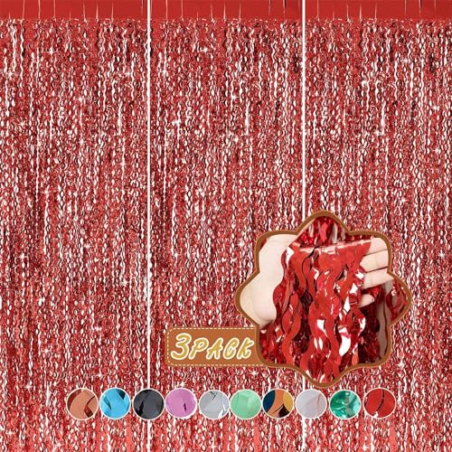 CYLMFC 3 Pack Red Aluminium Foil Curtains, 3.3ft x 6.6ft, Wavy Shape, for Party Decorations & Photo Background - color: Pure Red