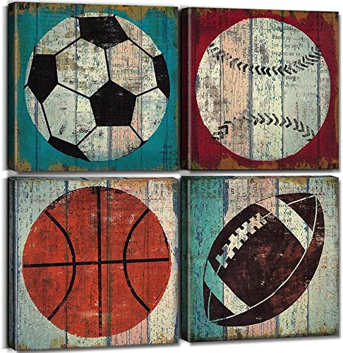 Vintage Sports Wall Art Baseball Basketball Football Soccer Picture for Nursery Room Kids Boys Bedroom Decor Rustic Sport Balls Poster Toddler Artwork Playroom Living Room Home Decorations 16x16" 4P - color: Ball Sports, size: 16"l X 16"w