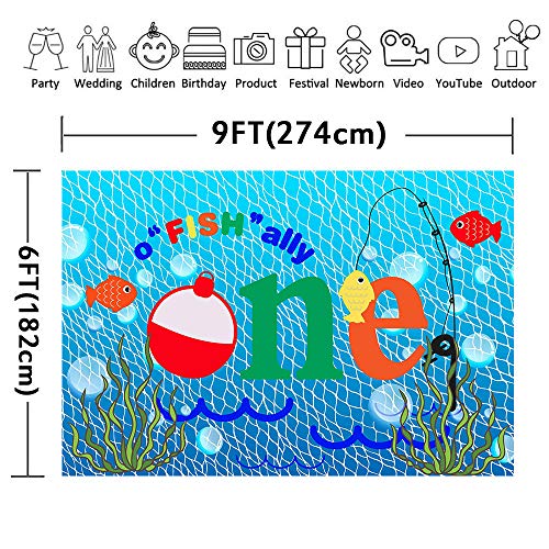 Gone Fishing 1st Birthday Party Photography Backdrop, 9x6FT, O Fish Ally Blue Fishing Nets Bubbles Background, Photo Booth Studio Props LYLU1179 - size: vinyl-9x6ft