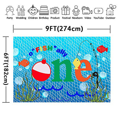 Gone Fishing 1st Birthday Party Photography Backdrop, 9x6FT, O Fish Ally Blue Fishing Nets Bubbles Background, Photo Booth Studio Props LYLU1179 - size: vinyl-9x6ft