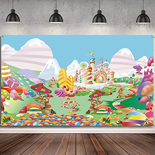 Leyiyi 8x6ft Sweet Cartoon Candyland Backdrop Candy House Fairy Tale Castle Photography Background Banner Cake Table Decor Birthday Party Decorations Newborn Baby Shower Photo Booth Props - size: 8x6ft