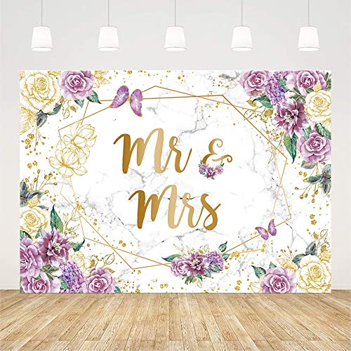 AIBIIN 7x5ft Mr and Mrs Floral Marble Backdrop for Bridal Shower Purple Flowers Butterfly Photography Background Gold Geometric Couple Wedding Party Decorations Bride to Be Engagement Banner Props