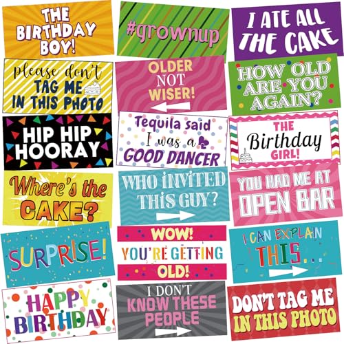 Beeveer 24 Designs Funny Birthday Photo Booth Props Double Sided 11.02 * 5.51‘' Photo Booth Props Birthday Parties Decorations Set DIY Water Proof Selfie Signs PVC Printing - color: Mixcolor, style: Birthday