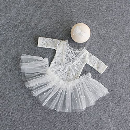 Zeroest Newborn Photography Outfits Girl Lace Romper Newborn Photography Props Rompers Baby Girls Skirt Photoshoot 3 PCS - color: White-long Sleeve