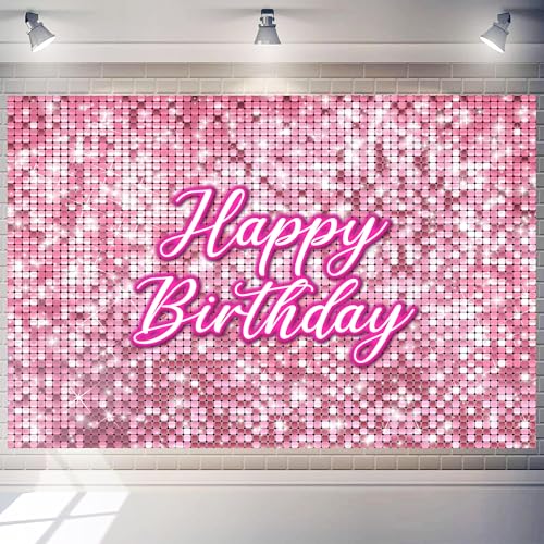 Pink Happy Birthday Backdrop 7 x 5 ft Sweet Pink Girls Birthday Background for Women Photography Princess Theme Party Banner Polyester Shimmer Wall Decoration（ Non-Glowing Brilliant Design） - color: Pink Birthday, size: 7x5 FT