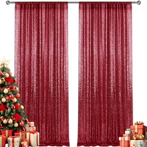 2×8FT-2PCS Burgundy Red Sequin Backdrop Curtains Panels, Photography Backdrop Glitter Curtains Fabric Background for Christmas Wedding Party Decor - color: Burgundy, size: 2X8FT-2PCS