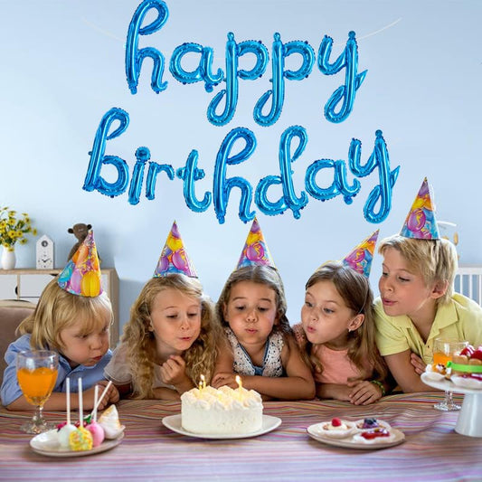 TONIFUL Happy Birthday Balloons Banner, Cursive Balloons, Blue Mylar Foil Birthday Decorations for Kids and Adults - color: Blue