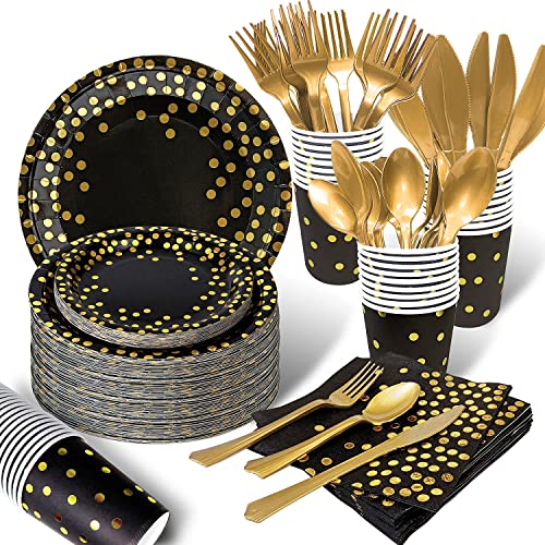 AIRE 350PCS Black and Gold Paper Plates Party Supplies for 50 Guests Party Decorations Disposable Dinnerware Golden Dot Paper Plates Napkins Cups Gold Plastic Forks Knives Spoons for Birthday Wedding - color: 350pcs Black and Gold