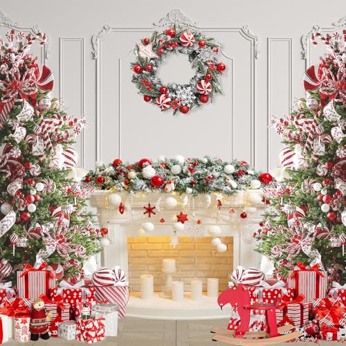 8x8 FT Christmas Fireplace Backdrop White Fireplace Red Xmas Tree Photography Background Winter Christmas Family Kids Holiday Party Theme Decorations Banner Photo Booth Props - size: 8x8 FT