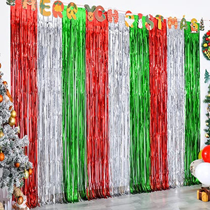 LOLStar 5 Pack Christmas Foil Fringe Curtains Decoration 3.3 X 6.6 ft Red Silver Green Tinsel Fringe Photo Backdrop Streamer for New Year, Ugly Sweater Party - size: 5 PACK