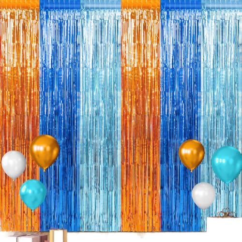 6 Pack 3.3X6.6Ft Blue Dog Foil Fringe Curtains Backdrop Decorations, Orange and Light Blue Birthday Party Tinsel Metallic Streamers Photo Booth Background for Dog Theme Party Supplies - color: Orange Blue
