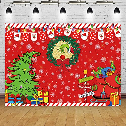 7x5ft Merry Grinchmas Backdrop Red Christmas Backdrop Xmas Tree Snow Winter Signpost Background for Christmas Family Party Photo Studio Prop - size: 7x5ft