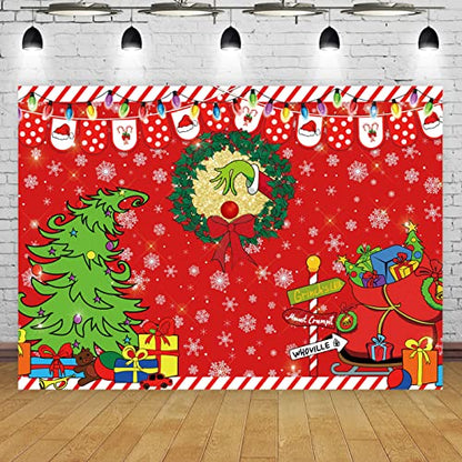 7x5ft Merry Grinchmas Backdrop Red Christmas Backdrop Xmas Tree Snow Winter Signpost Background for Christmas Family Party Photo Studio Prop - size: 7x5ft