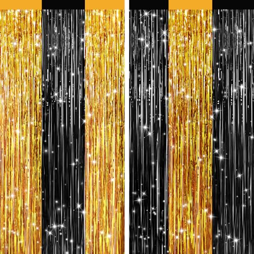 2Pack Black Gold Metallic Tinsel Foil Fringe Curtains, Door Streamers Photo Booth Backdrop for Birthday Party, Tinsel Curtain Backdrop for Wedding Baby Shower Bachelorette Christmas Party Decorations - color: Black Gold