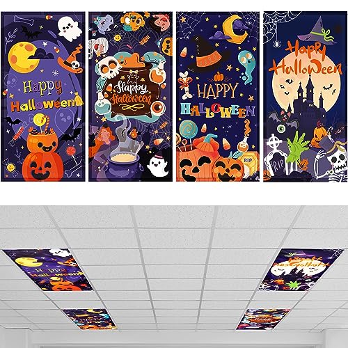 4 Pcs 4 x 2 Feet Fluorescent Light Covers for Ceiling Lights Classroom Office Magnetic Filters Diffusers for Reducing Harsh Glare Flicker Home Decorations (Spooky) - style: Spooky