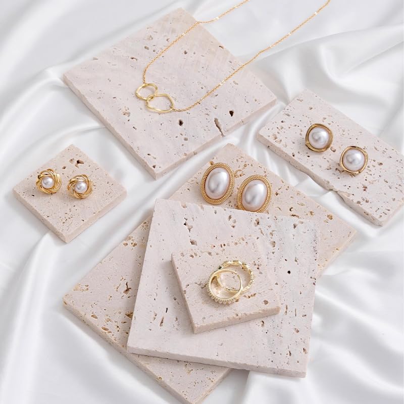 Natural Travertine Stone Display Tiles, Decorative Photography Props for Jewelry, Cosmetics, Home Decor, Beige Stone Blocks (10cm*10cm) - size: 10cm*10cm