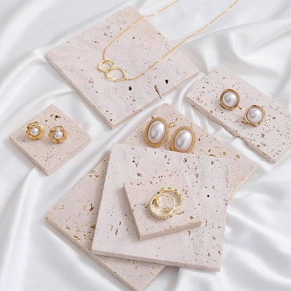 Natural Travertine Stone Display Tiles, Decorative Photography Props for Jewelry, Cosmetics, Home Decor, Beige Stone Blocks (10cm*10cm) - size: 10cm*10cm