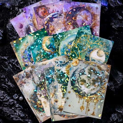 30 Sheets Holographic Fantasy Star Moon Scrapbook Paper - Self Adhesive Shiny Mysterious Starry Night Scrapbook Washi Stickers for Junk Journal Supplies,Planner,Album Craft Supplies - color: Mysterious Star, size: 3.94″ x 5.51″