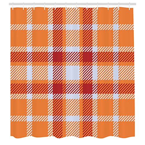 Ambesonne Plaid Shower Curtain, Retro Design Scottish Square Pattern with Off White Stripes Warm Tangerine Colors, Cloth Fabric Bathroom Decor Set with Hooks, 69" W x 70" L, Orange Ruby - color: Orange Ruby, size: 69" W x 70" L